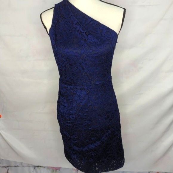 Sam Edleman Navy One Shoulder Lace Mini Dress - Picture 1 of 7